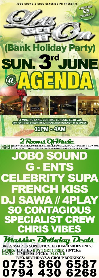 BANK HOLIDAY SUNDAY PARTY : 3rd JUNE: LET'S GET IT ON > £5 TICKETS > ON LINE OFFER FOR LADIES ONLY