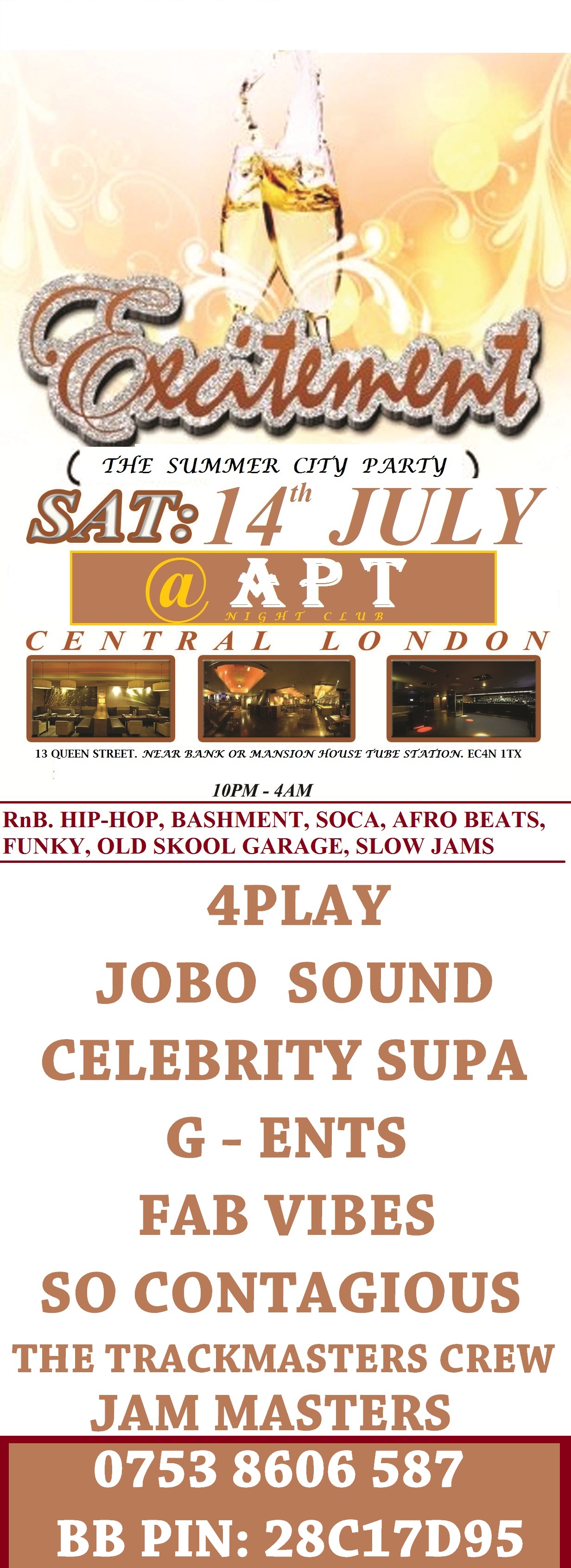 EXCITEMENT PARTY@ APT BAR/ CLUB : SAT: 14th JULY: £5 TICKETS > ON LINE OFFER FOR LADIES ONLY