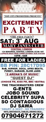 EXCITEMENT PARTY: SAT: 3rd AUGUST @ MARY JANES CLUB: FREE FOR LADIES / BOOK FREE TICKETS NOW