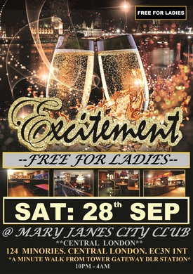 TONIGHT: SAT: 28th SEPTEMBER: EXCITEMENT PARTY @ MARY JANES CITY CLUB: CENTRAL LONDON: LADIES FREE: LIMITED £5 TICKETS FOR ANY TIME ENTRY. GUEST DJ'S BBC1 EXTRA, KISS FM, CHOICE FM + RnB, HIPHOP, BASHMENT, AFRO BEATS, SOCA, FUNKY, OLD SKOOL GARAGE