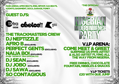 NIGERIAN INDEPENDENCE PARTY IN CENTRAL LONDON: SAT: 5th OCTOBER @ M.J.C (Tower Hill) £8 ticket = SOLD OUT, BUY £10 TICKETS NOW
