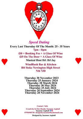 Speed dating 25 - 35 years.  Every last Thursday of the month 