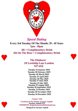 Speed Dating. Every 3rd Tuesday of the month: 35 – 45 years.  