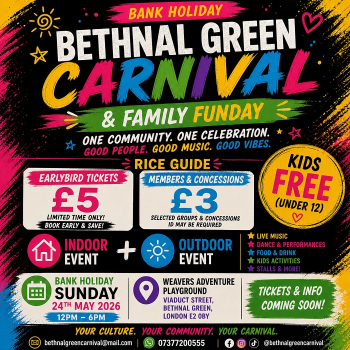 Bethnal Green Carnival & Family Fun Day 2026 | 12pm-6pm, Kids Free!